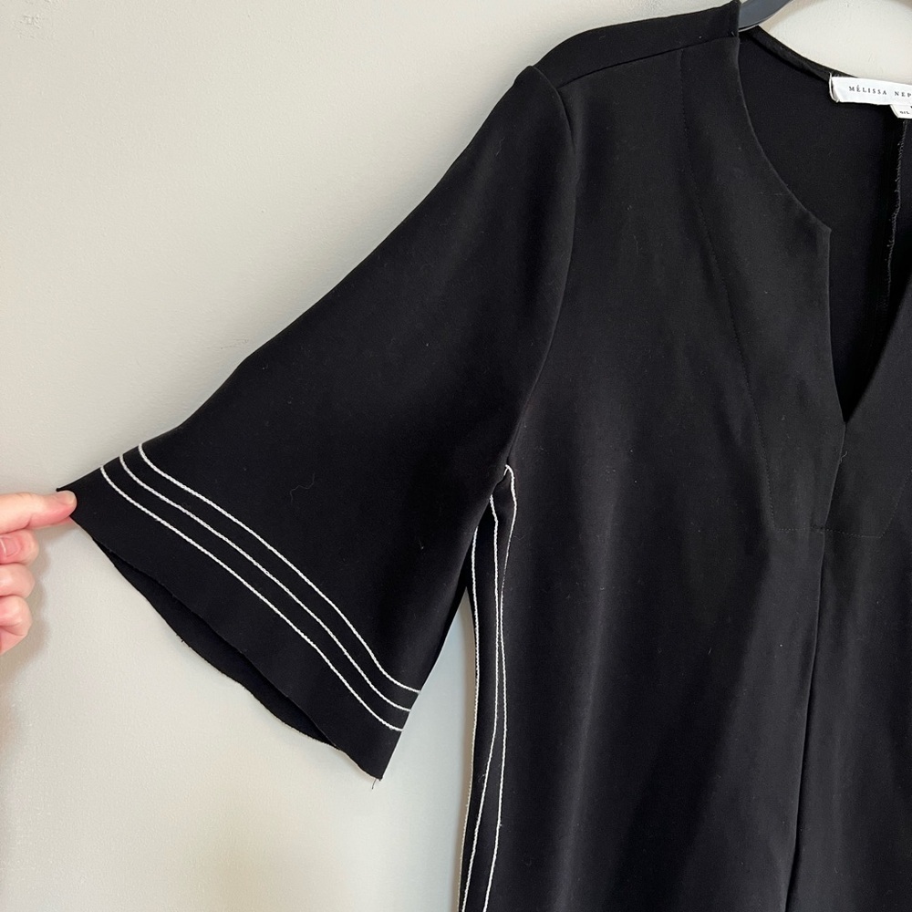 Melissa Nepton Taha Dress Flared 1/2 Sleeves, Black w/ White Detail Stitching, L - Picture 5 of 10